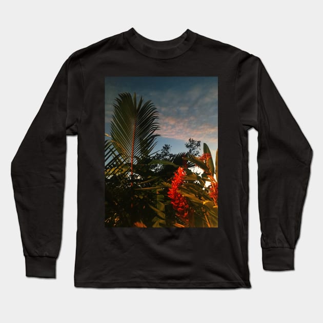 Caribbean Sunset. Palm Tree & Red Flower Long Sleeve T-Shirt by SoCalDreamin